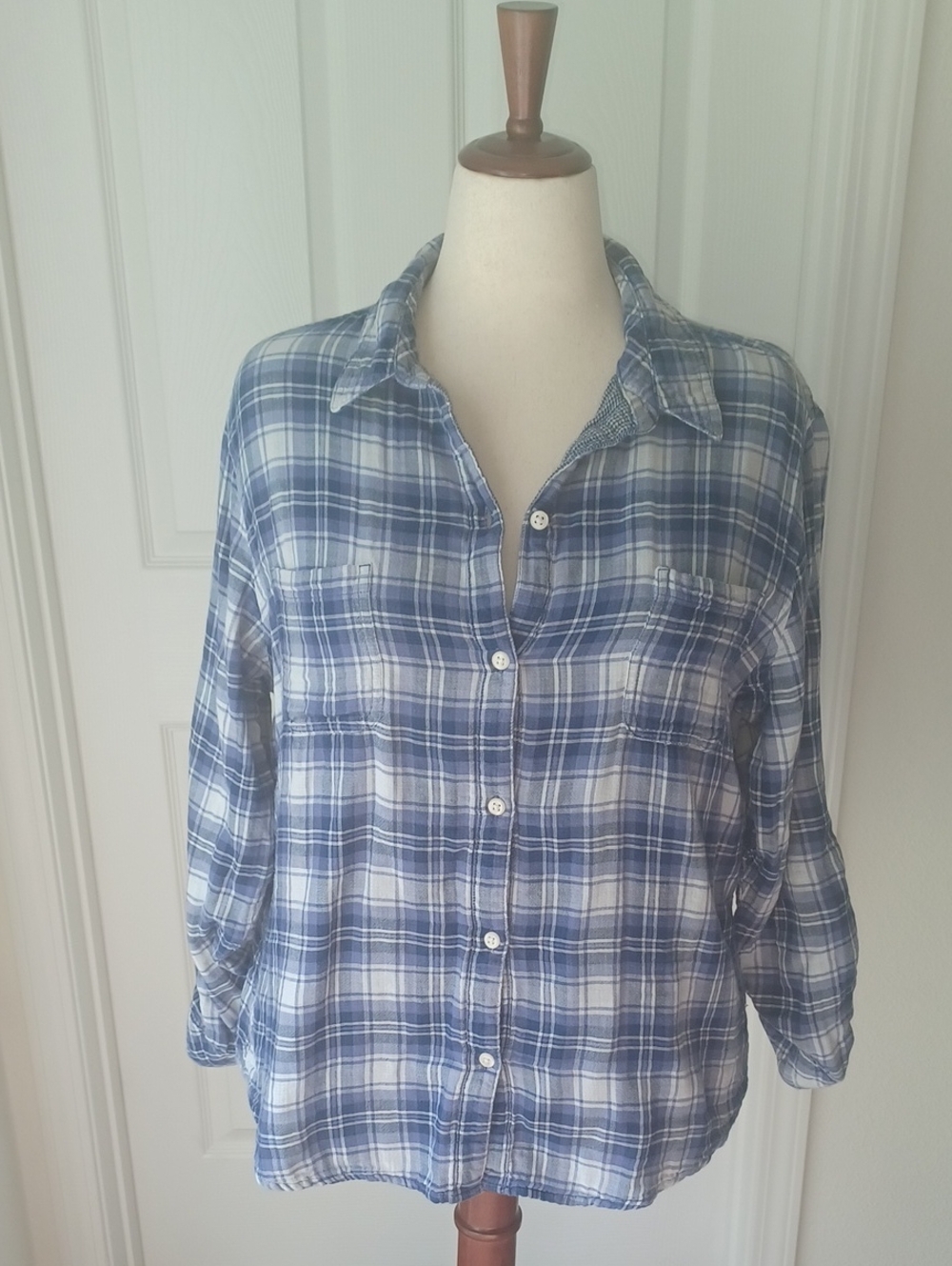 Women's Blue Plaid Button-Down Shirt